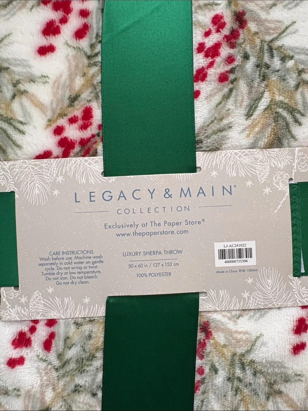 Legacy & Main White Sherpa Throw with Red Berry and Green Pine Print
